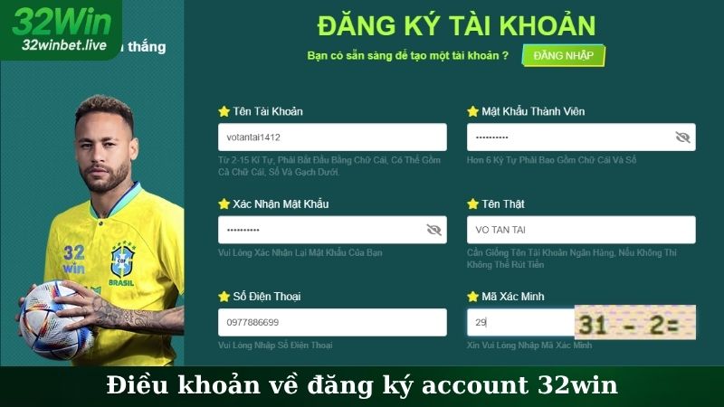 Điều khoản về đăng ký account 32WIN