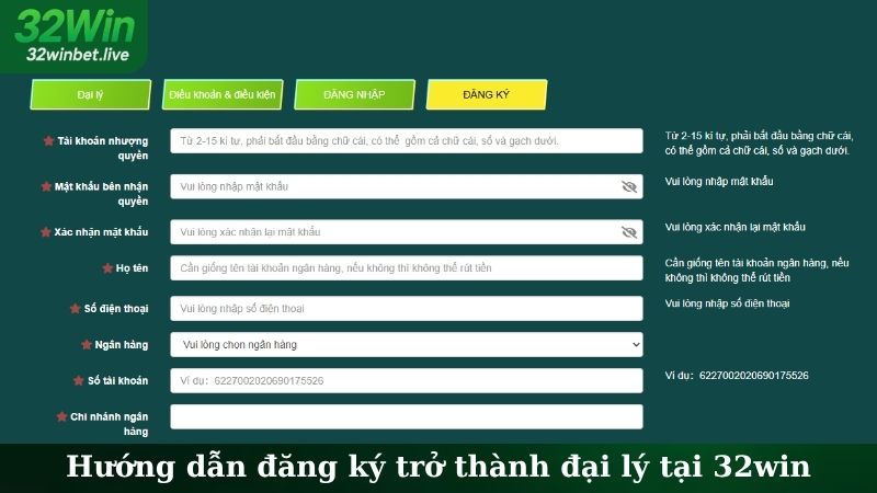 Hướng dẫn đăng ký trở thành đại lý tại 32WIN