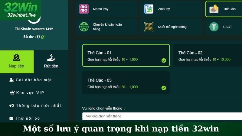 Một số lưu ý quan trọng khi nạp tiền 32WIN