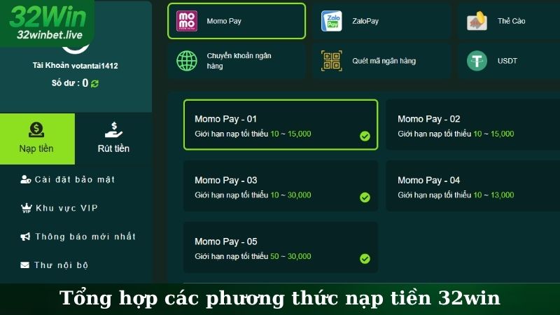 Tổng hợp các phương thức nạp tiền 32WIN